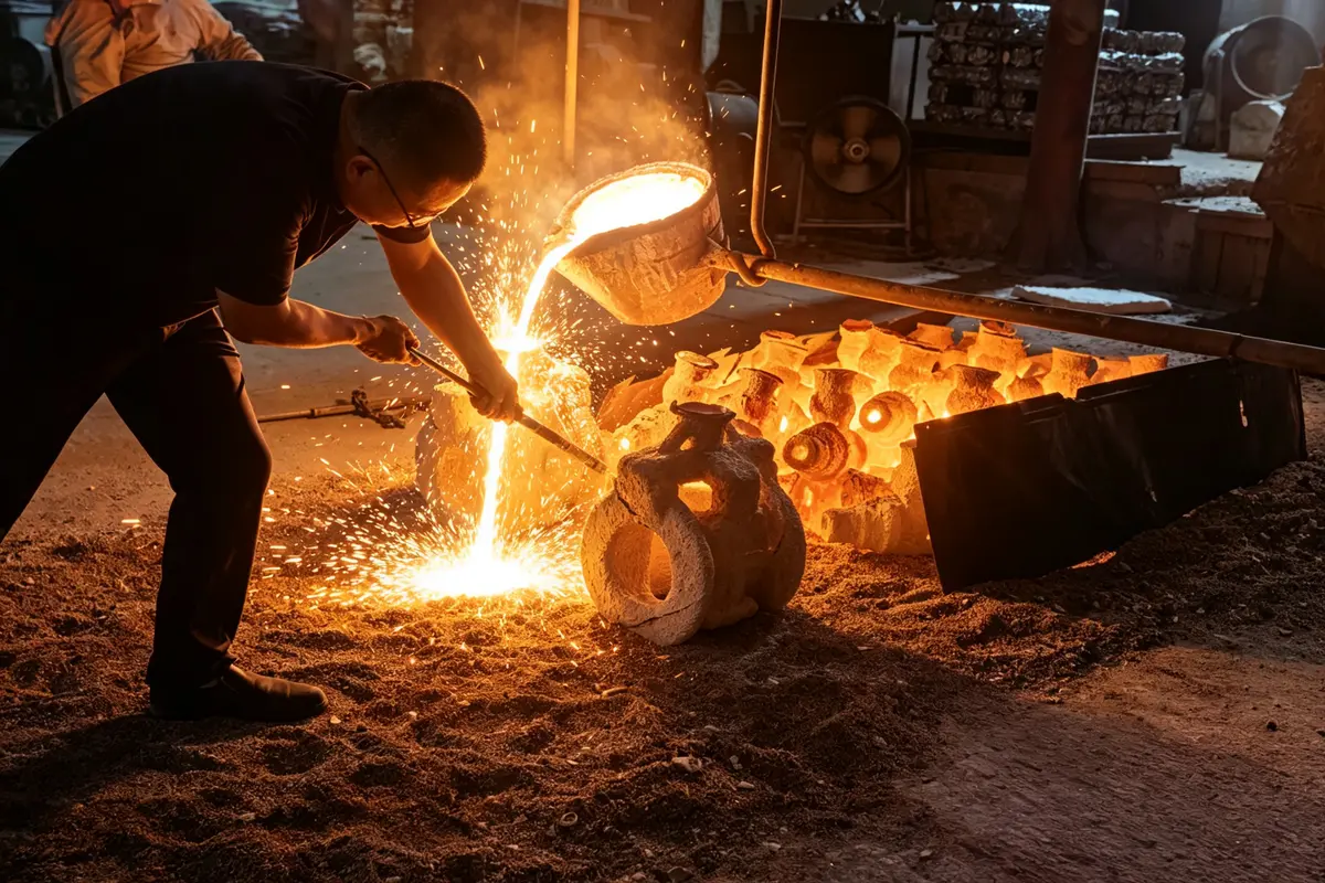 Molten metal pouring into ceramic shell molds - investment casting foundry