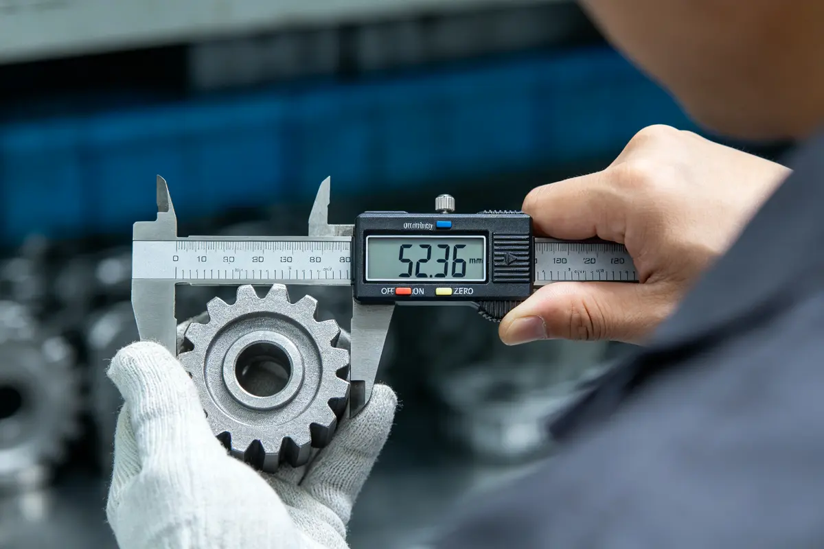 Quality control inspection - digital caliper showing 52.36mm measurement data on precision cast part