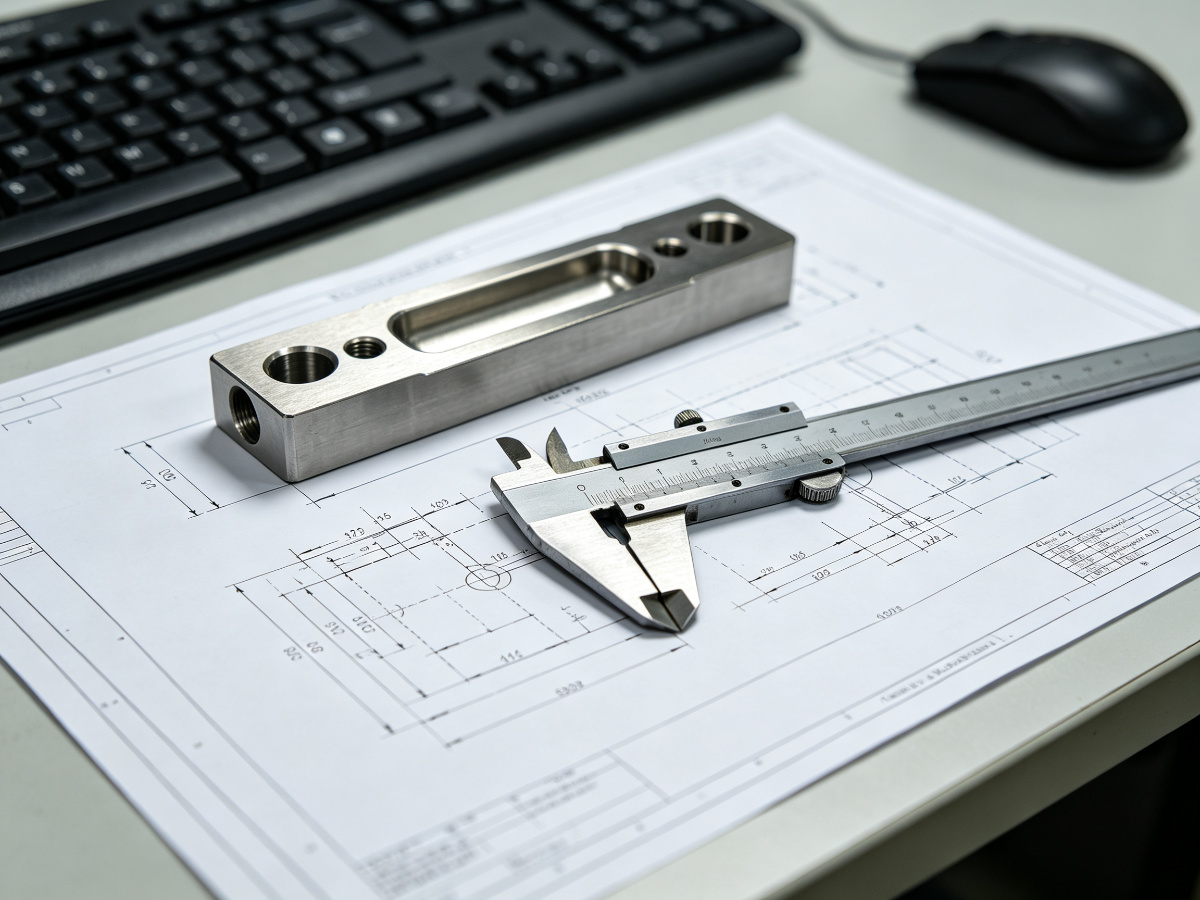 Machinist measuring precision cast part with vernier caliper