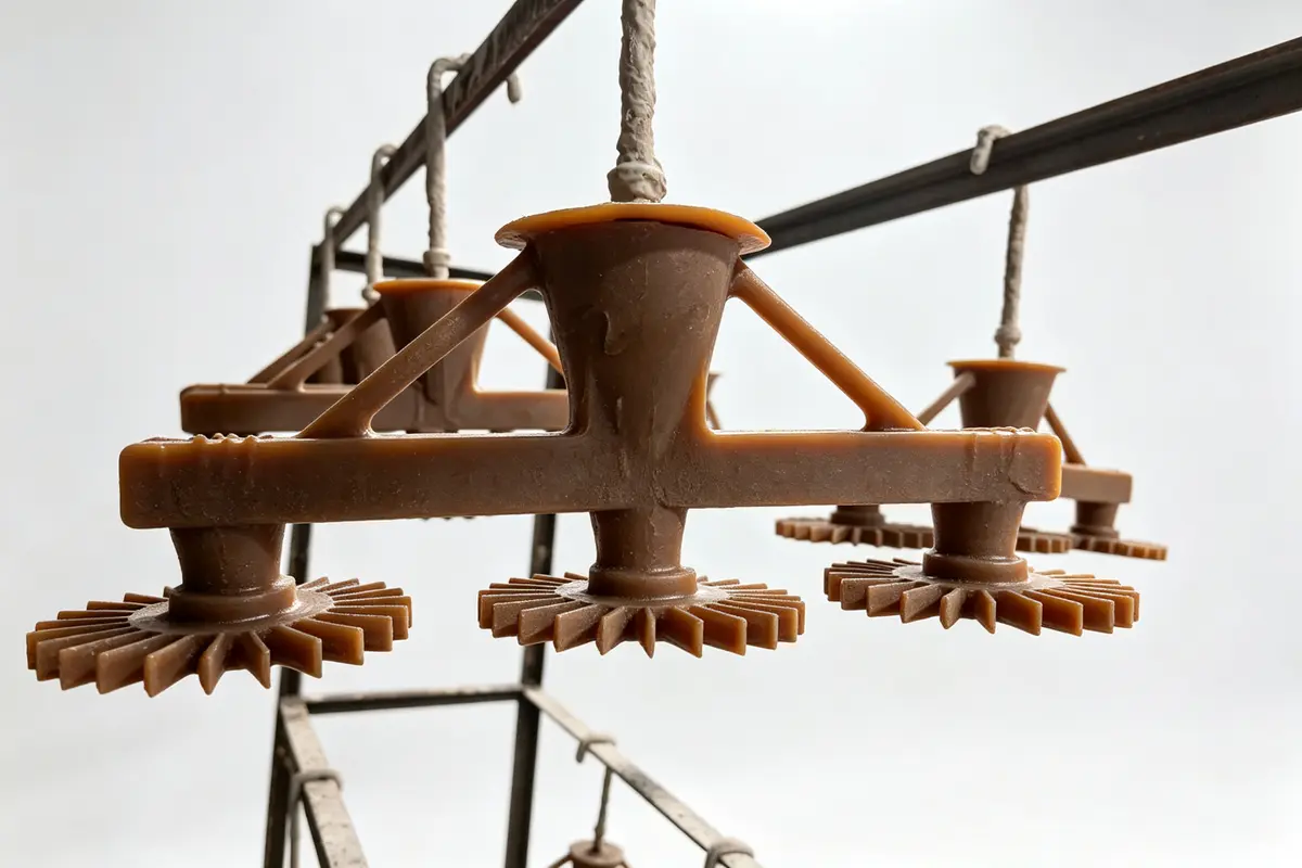 Investment casting wax pattern tree assembly - multiple wax patterns attached to central sprue