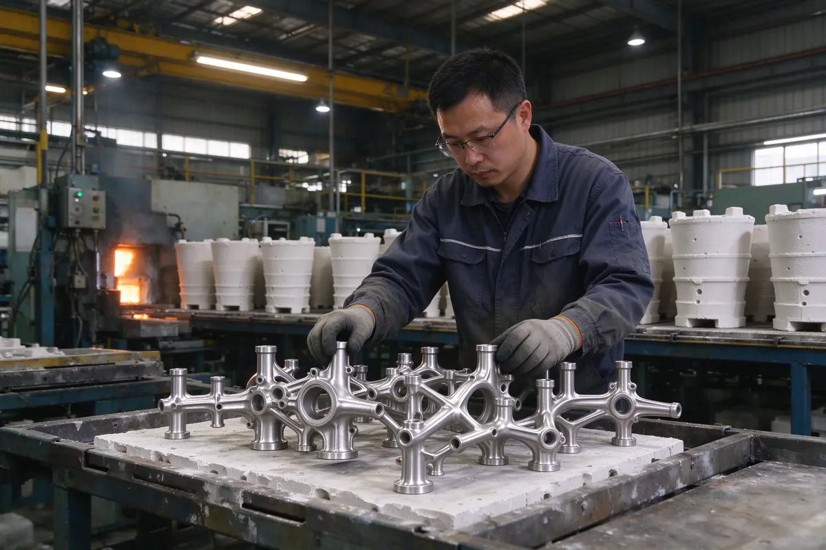 Professional investment casting foundry workshop with worker inspecting cast parts