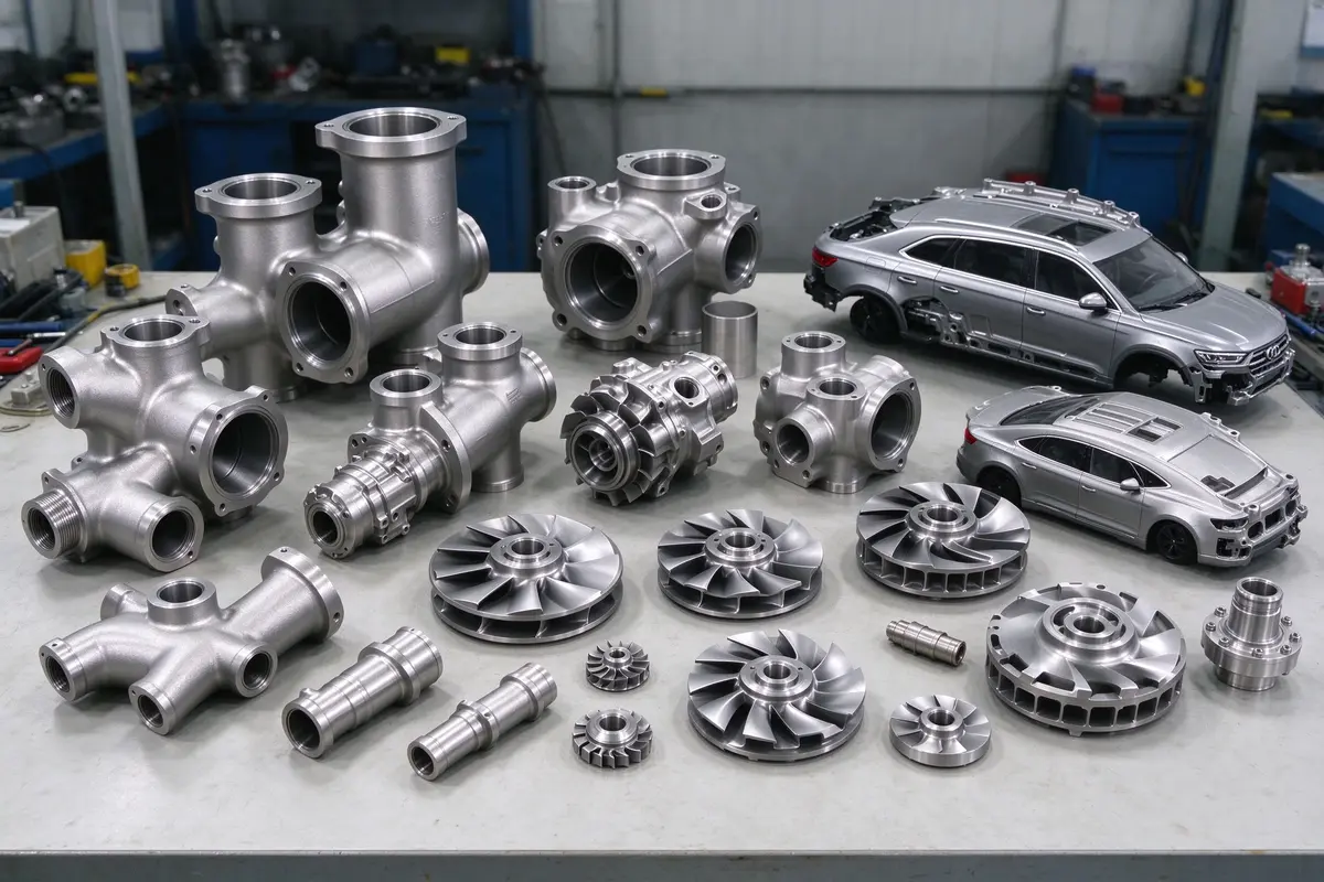 Collection of complex precision investment cast parts including valve bodies and pump impellers