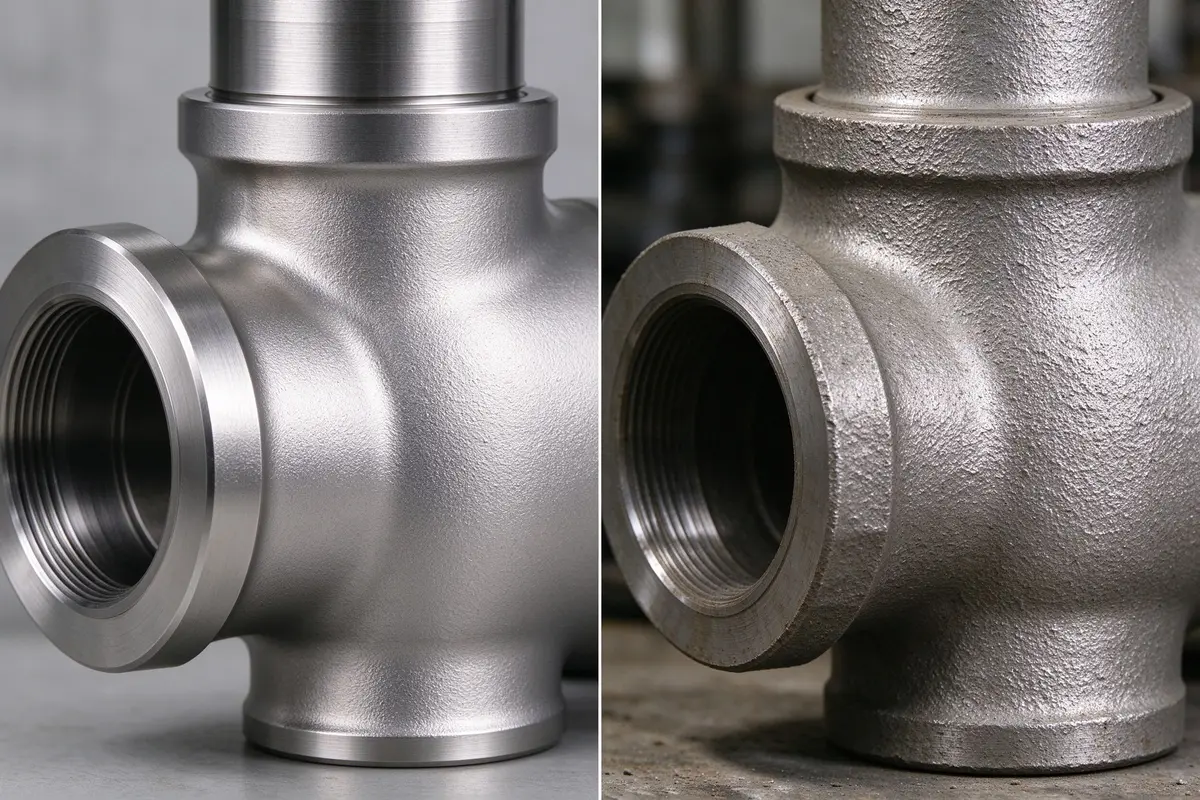 Side by side comparison of smooth investment casting surface vs rough sand casting surface