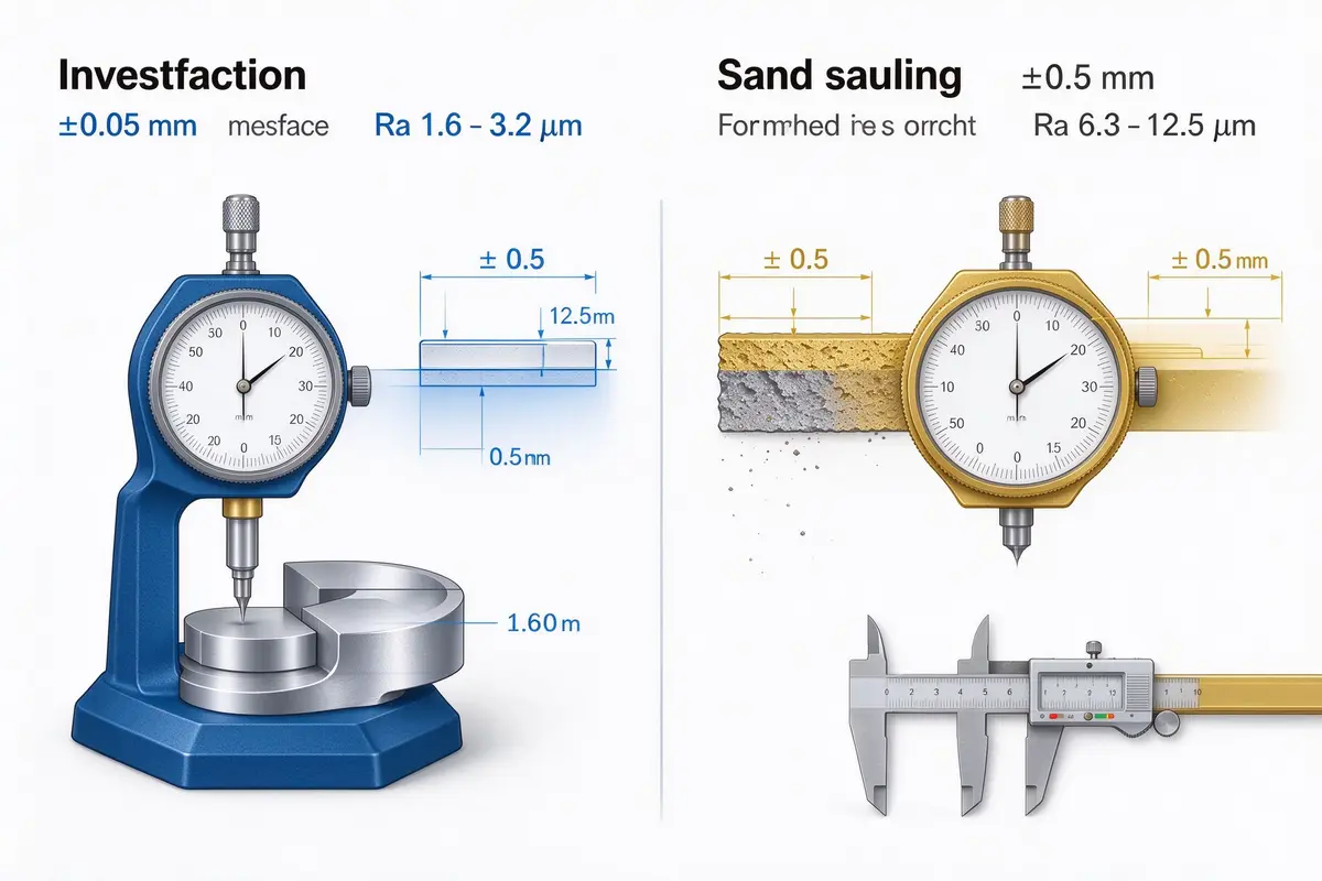 Dimensional tolerance comparison chart: investment casting ±0.05mm vs sand casting ±0.5mm