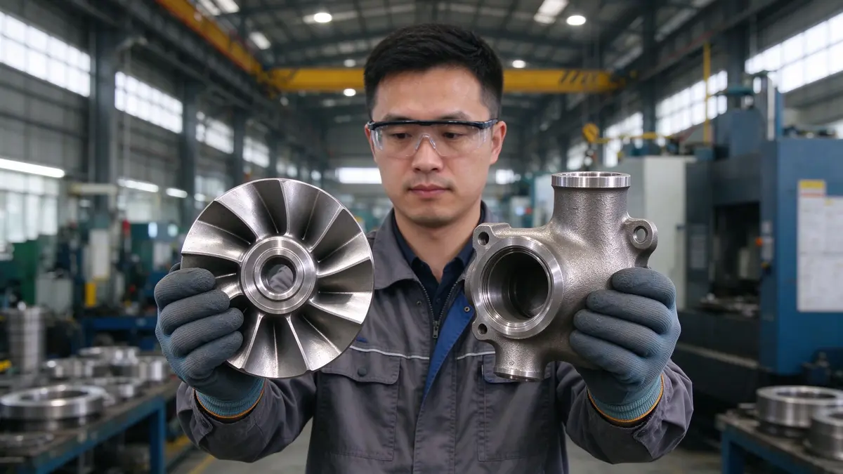 Engineer comparing stainless steel pump impeller and alloy steel valve body castings in foundry