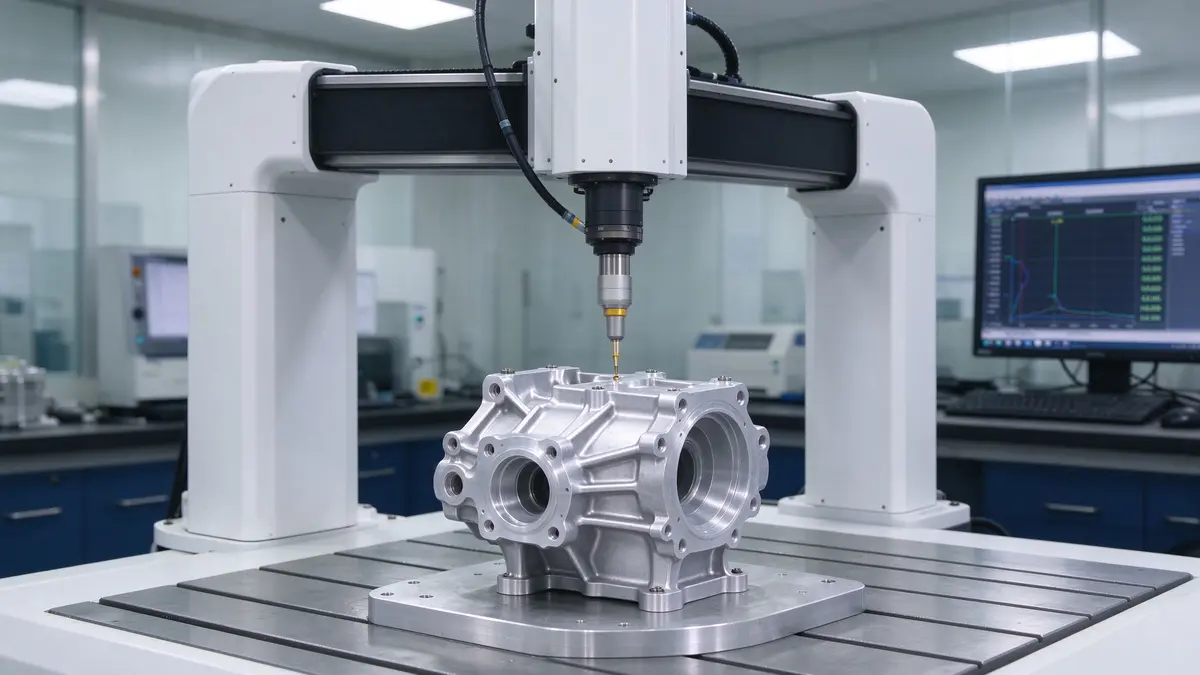 CMM coordinate measuring machine inspecting precision cast part in quality lab