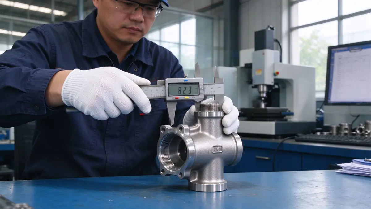 Quality inspector measuring investment casting tolerance with micrometer
