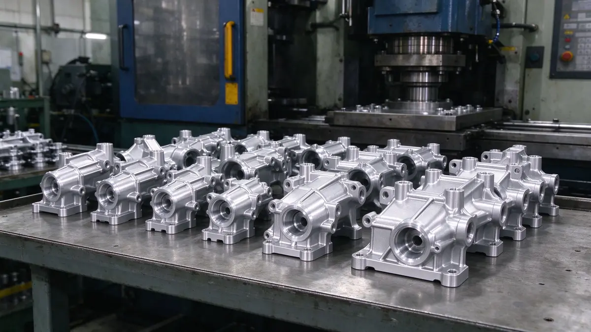 Aluminum die casting parts arranged on workbench in die casting workshop