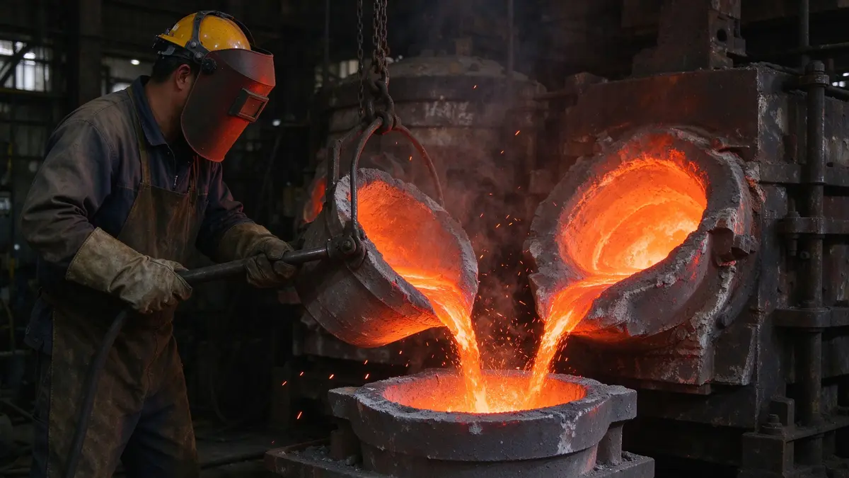 Molten steel pouring in investment casting foundry