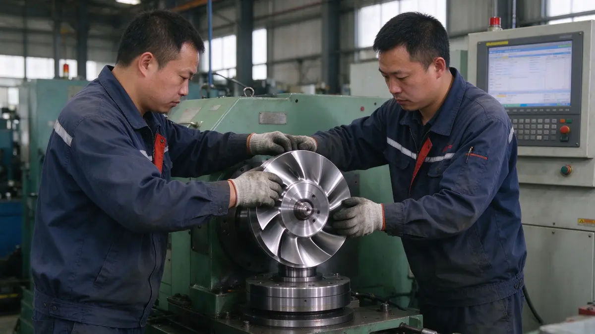 Dynamic balancing machine checking pump impeller balance in foundry